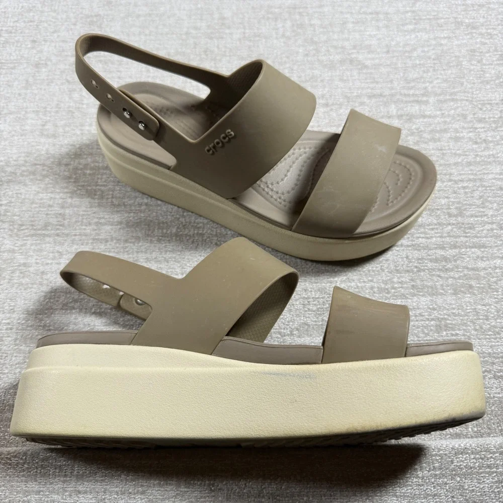 Crocs Womens 7 Brooklyn Low Wedge Beige Platform Slingback Sandals